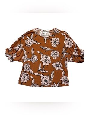14th & Union Brown Floral Roll-Sleeve Top with Pink Flowers